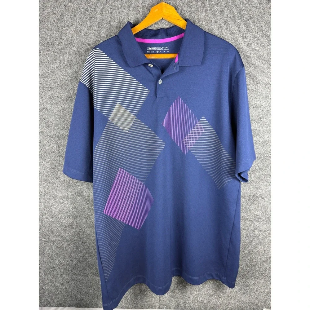 Nike Golf Dri-FIT Mens XL Navy Blue Geometric Graphic Performance Polo Shirt